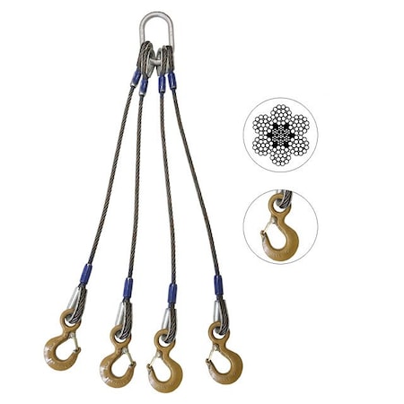 US CARGO CONTROL Wire Rope Sling - 4 Leg Bridle w/ Eye Hooks - 3/4" x 4' - Domestic SW4-34-4-D